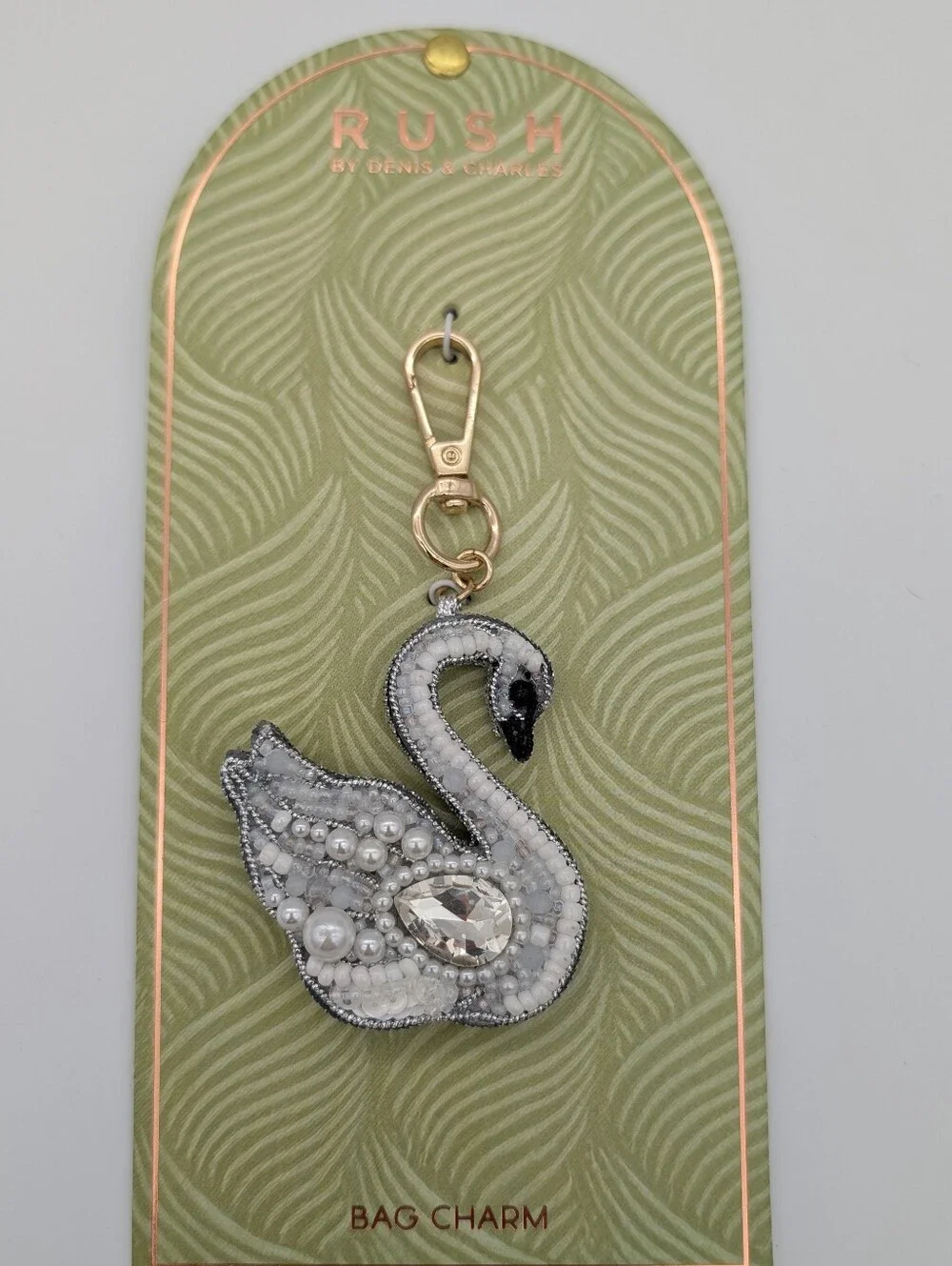 Swan Bag Charm Key Chain Double Sided White Beaded Rush by Denis & Charles